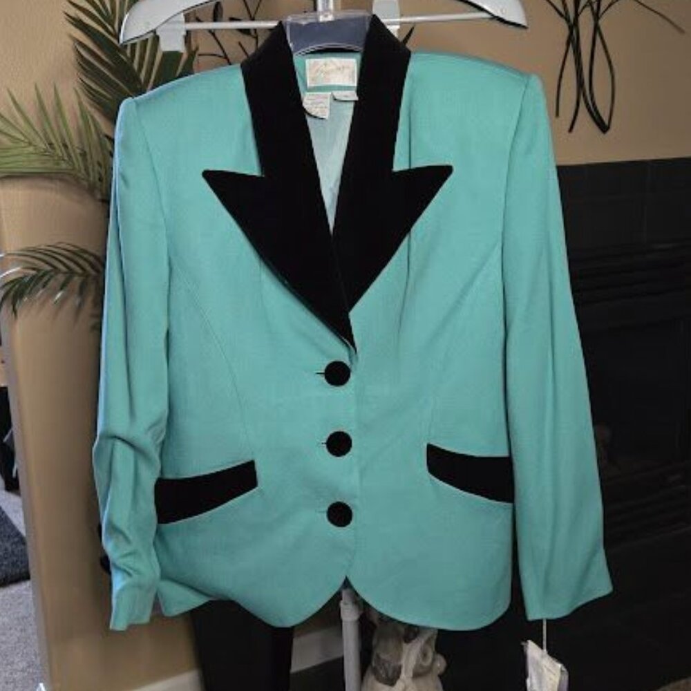 NWT Apart aqua / black wool blend skirt and blazer suit / set sz 14 - Picture 3 of 6